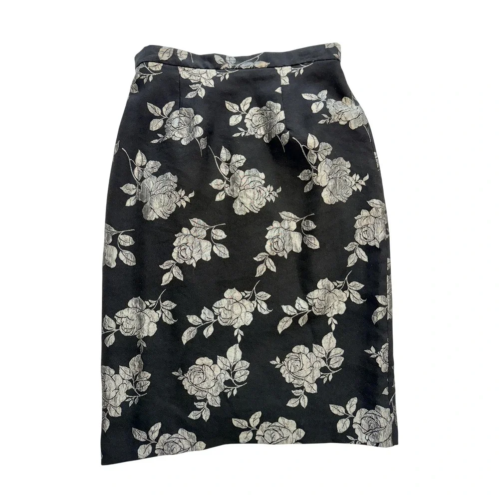 Maggy London‎ Skirt Womens 8 Black Floral Jacquard Pencil Midi Lined Made USA